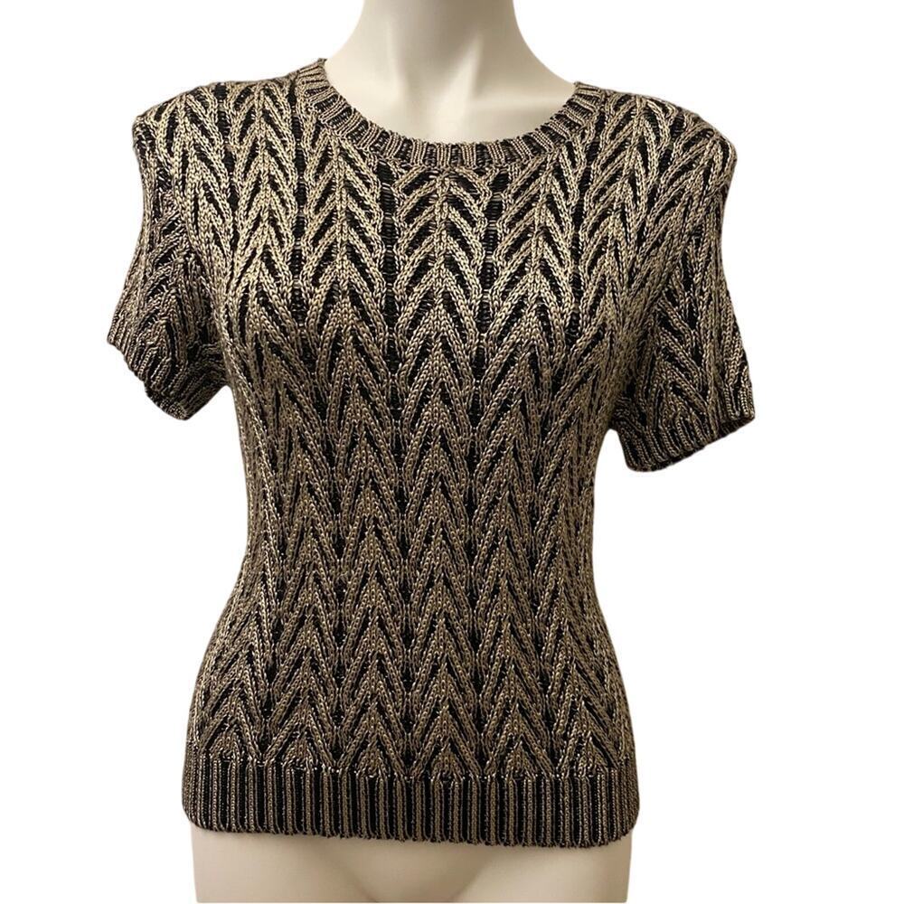 Black & Gold Cable Knit Sweater sz S crew neck Heavy Knit Sweater Metallic